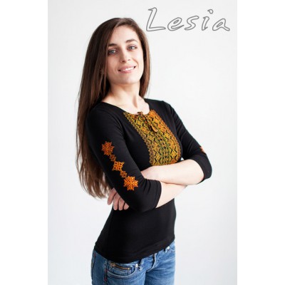 Embroidered t-shirt with 3/4 sleeves "Lace" orange on black